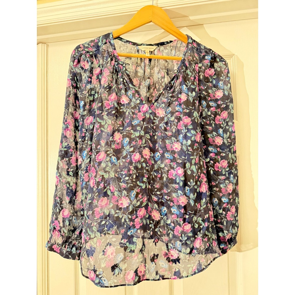 Rebecca Taylor Blouse Women 2 Navy Blue Floral Silk Blend Sheer V-Neck 62B346